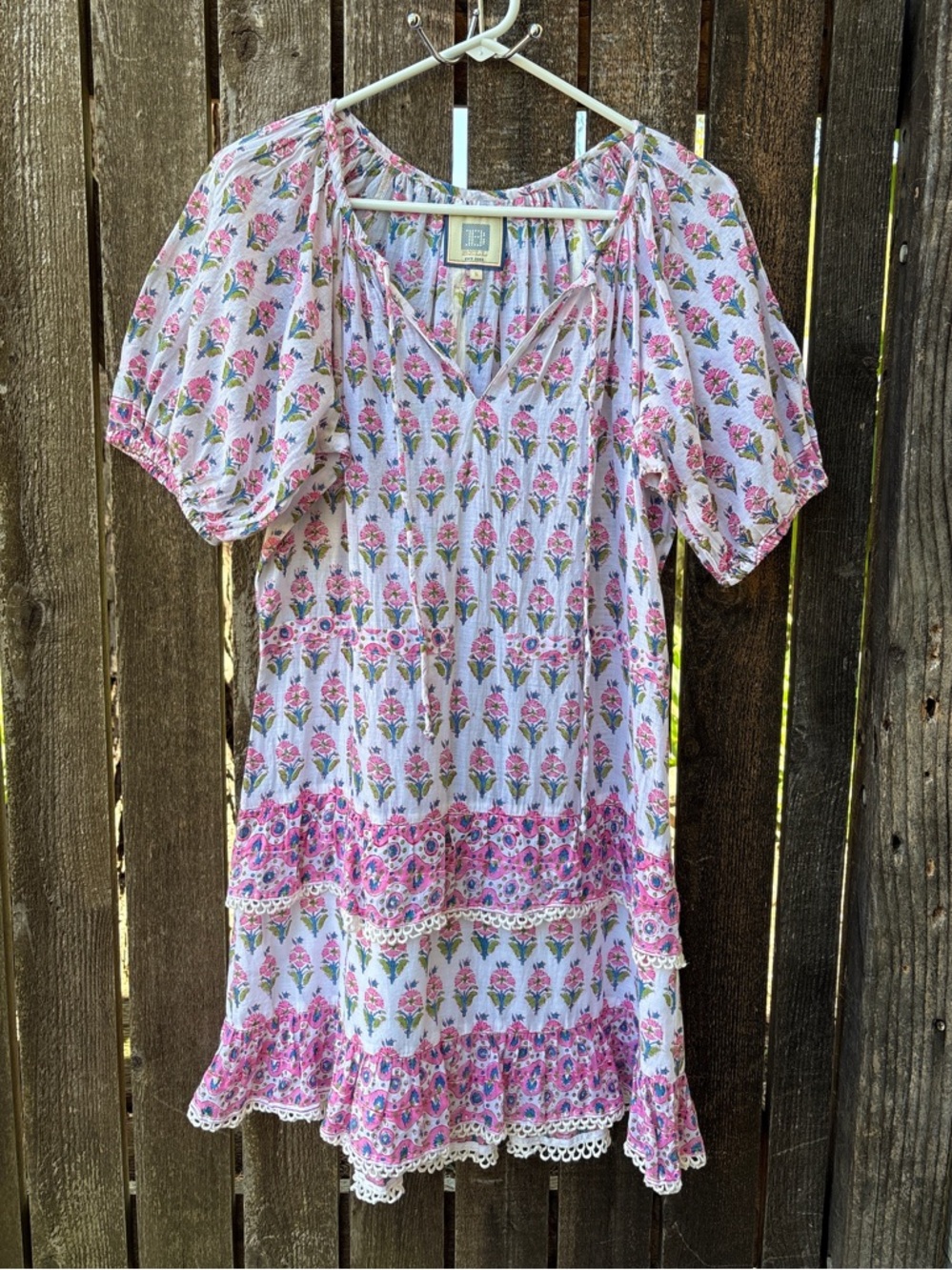Bell By Alicia Bell Roxy Floral Cotton Tiered Mini Dress In Pink/White Sz S